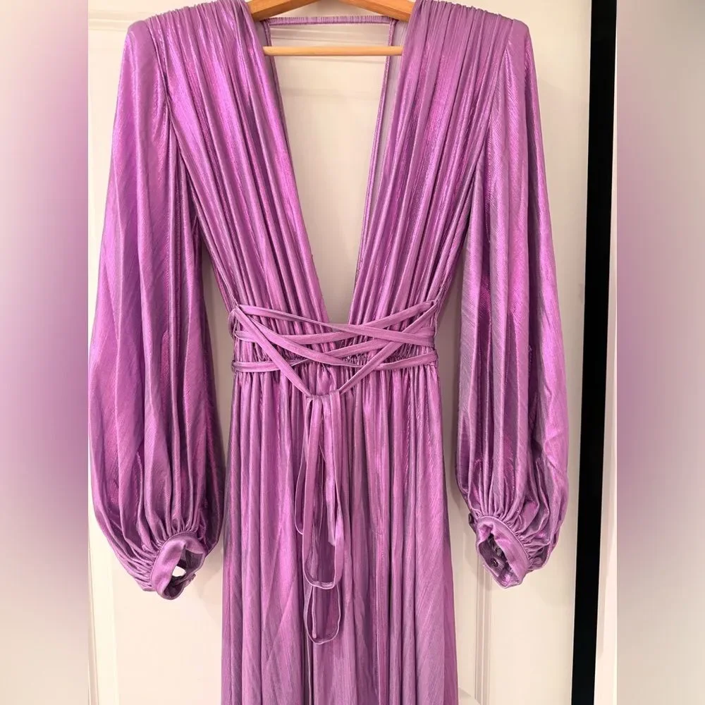 NWOT BRONX AND BANCO Zoe Metallic Blouson-Sleeve Elegant Purple Evening Gown - Picture 6 of 13